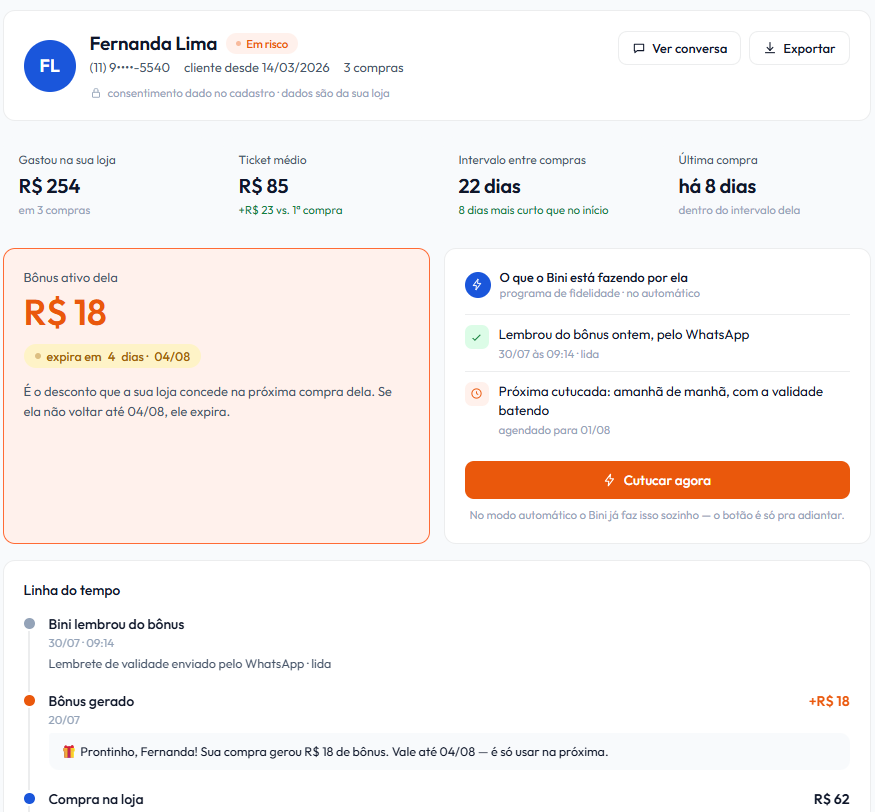 Dashboard de fidelidade da Turbini mostrando cliente, bônus ativo e linha do tempo