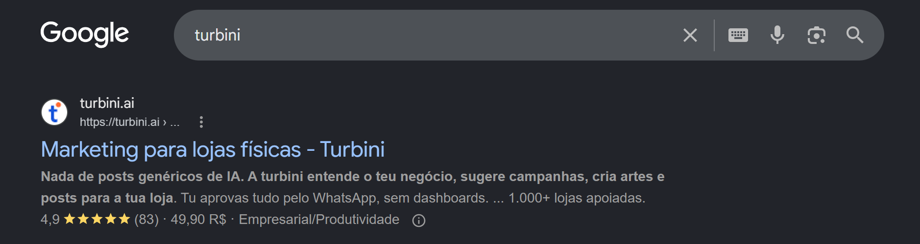 Turbini no Google: 4,9 estrelas de 83 avaliações